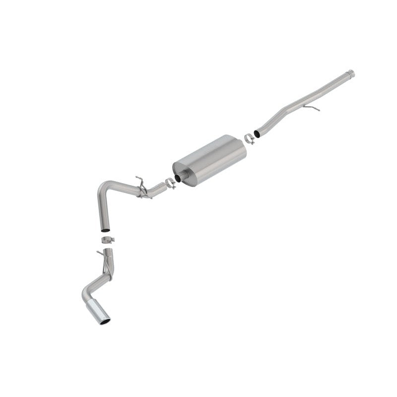 Borla Touring series cat-back exhaust system with T-304 stainless steel piping and a 4-inch bright chrome tip.