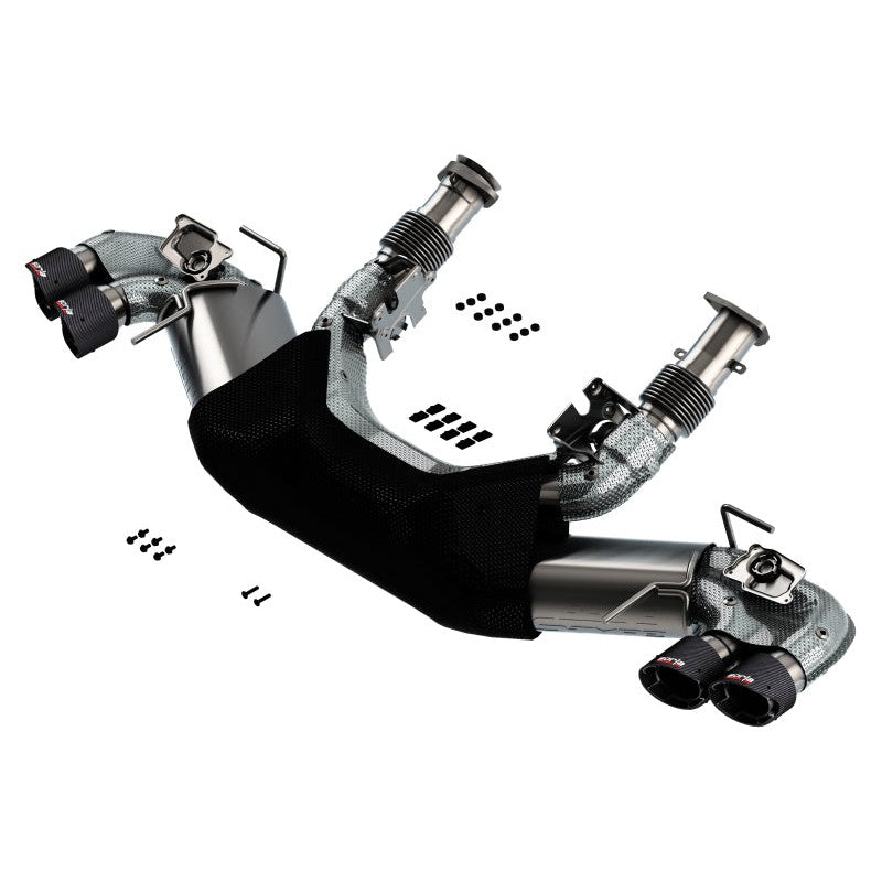 Borla S-Type cat-back exhaust for C8 Corvette featuring 3-inch piping and quad 4-inch carbon fiber tips.