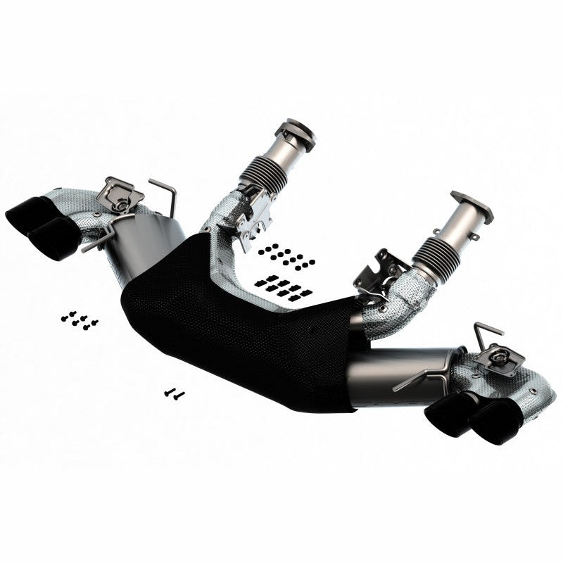 Borla S-Type Cat-Back exhaust system for C8 Corvette with quad 4-inch black chrome tips and integrated valves.
