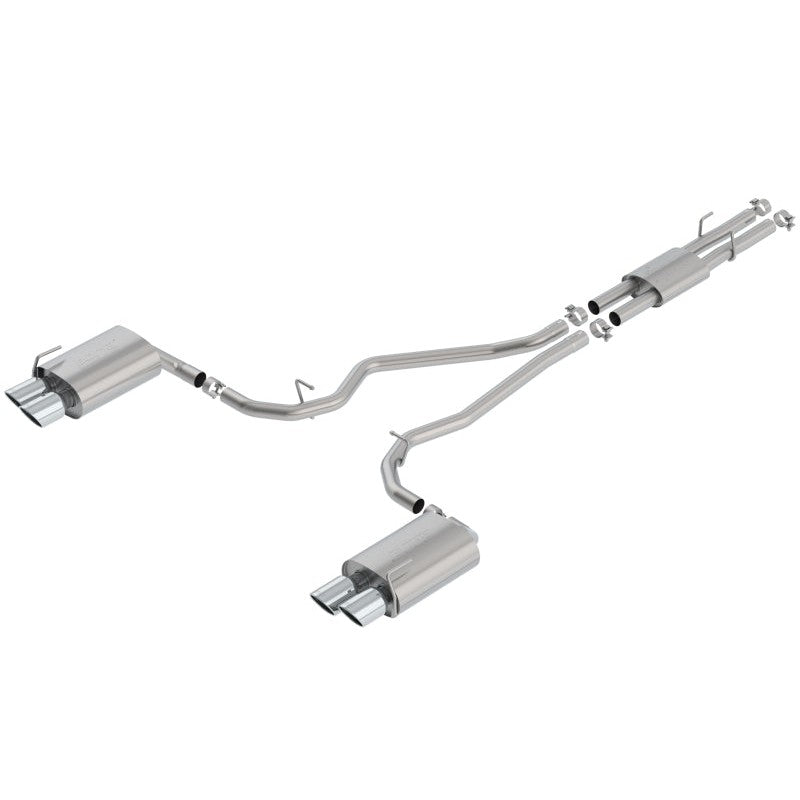 Borla ATAK Cat-Back Exhaust System with 2.25 inch stainless piping and quad 4 inch bright chrome tips.