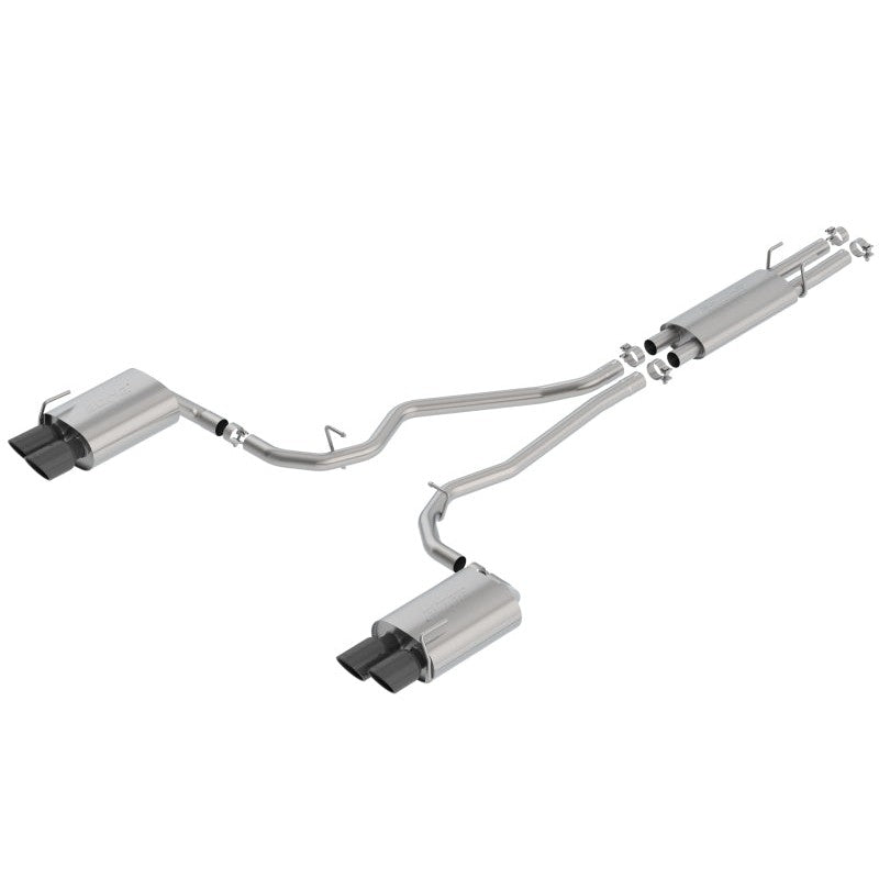 Borla S-Type Cat-Back exhaust system with T-304 stainless steel piping and quad four-inch black chrome tips.