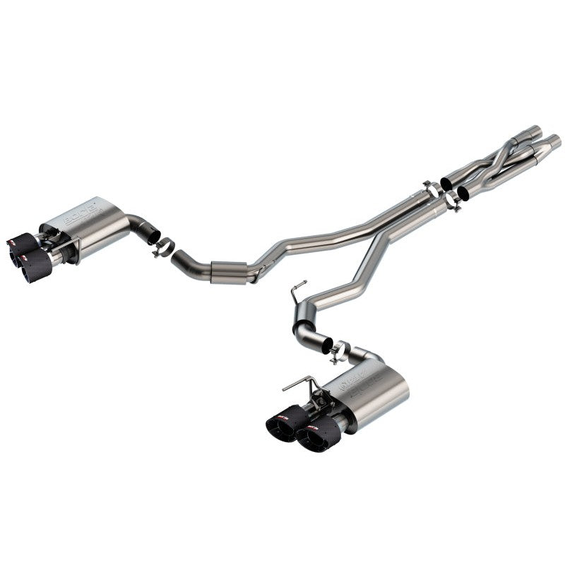 Borla T-304 stainless steel 3-inch cat-back exhaust with quad 5-inch carbon fiber tips and SwitchFire X-pipe.