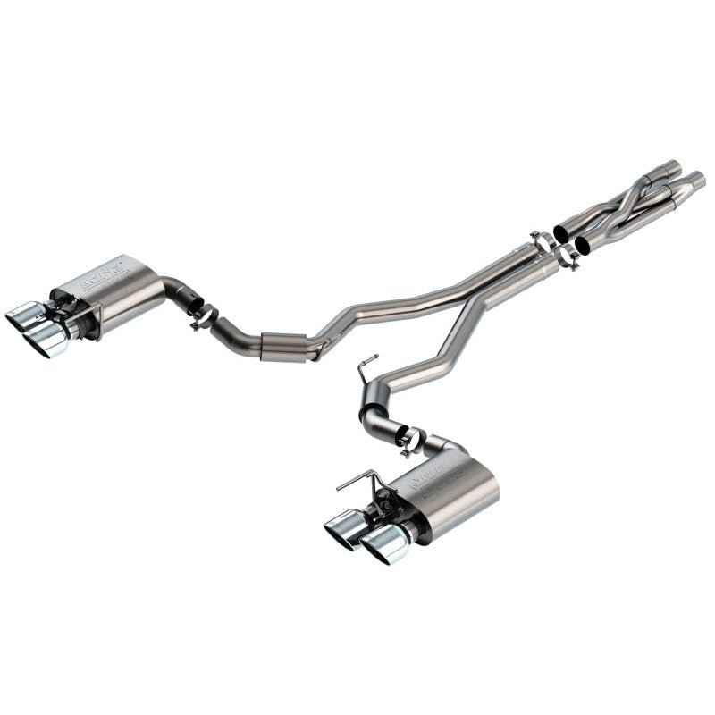 Borla ATAK 3-inch T-304 stainless steel cat-back exhaust with quad 5-inch bright chrome tips and SwitchFire X-pipe.