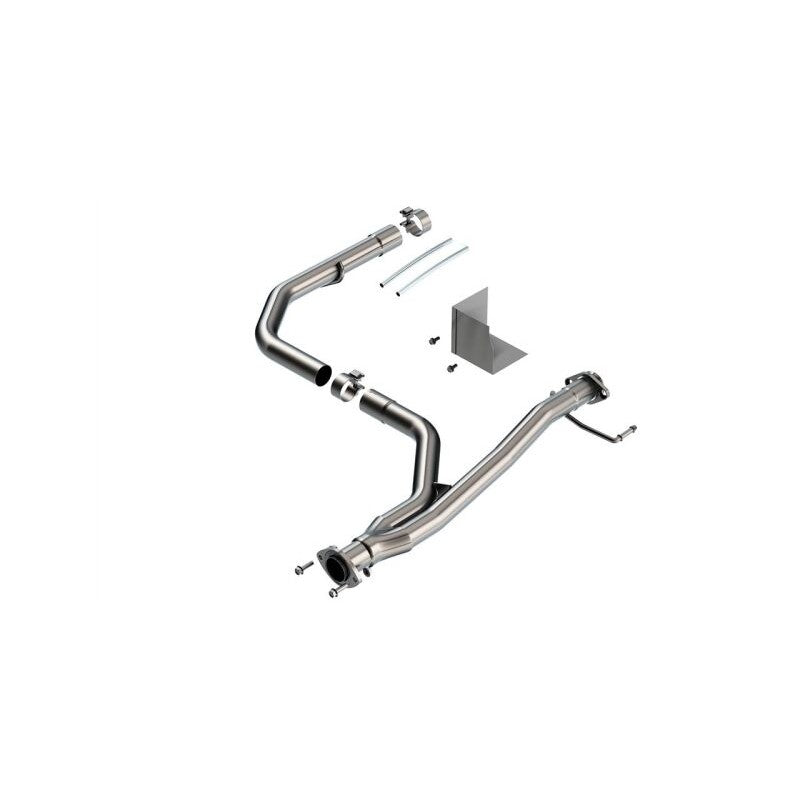 Brushed Borla T-304 stainless steel high clearance Y-pipe for 2016-2023 Toyota Tacoma 3.5L with heat shields.