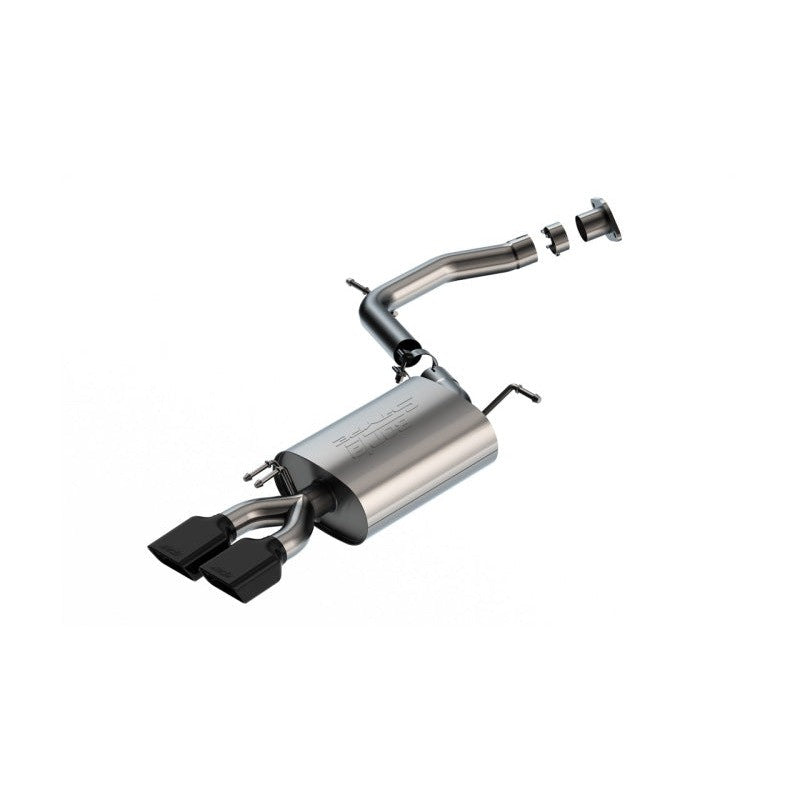 Borla S-Type axle-back exhaust assembly featuring T-304 stainless steel tubing and dual rectangular black chrome tips.