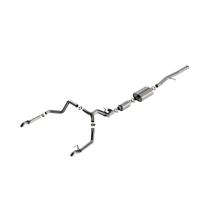 Borla S-Type cat-back exhaust system with T-304 stainless steel piping and dual turndown tips for 6.2L GM trucks.