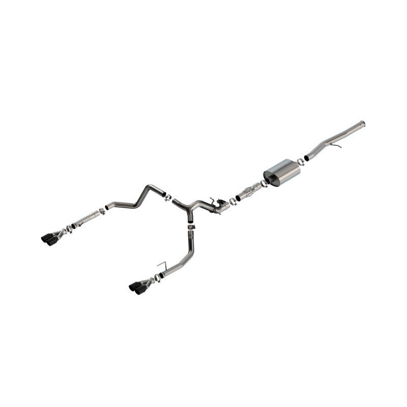 Borla ATAK cat-back exhaust system with T-304 stainless steel piping and dual 3.5-inch black chrome tips.