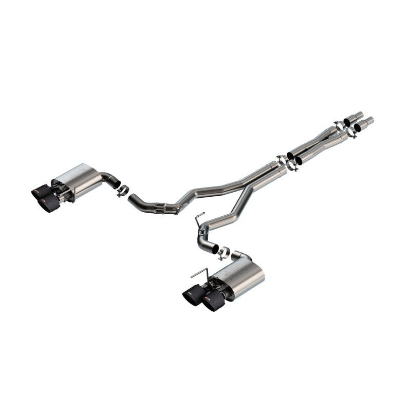 Borla ATAK cat-back exhaust system for 2024-2025 Ford Mustang Dark Horse featuring 5-inch carbon fiber tips