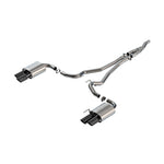 Borla ATAK cat-back exhaust system for 2024-2025 Mustang EcoBoost with quad black chrome tips and stainless steel piping.