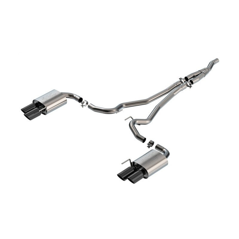 Borla ATAK cat-back exhaust system for 2024-2025 Mustang EcoBoost with quad black chrome tips and stainless steel piping.
