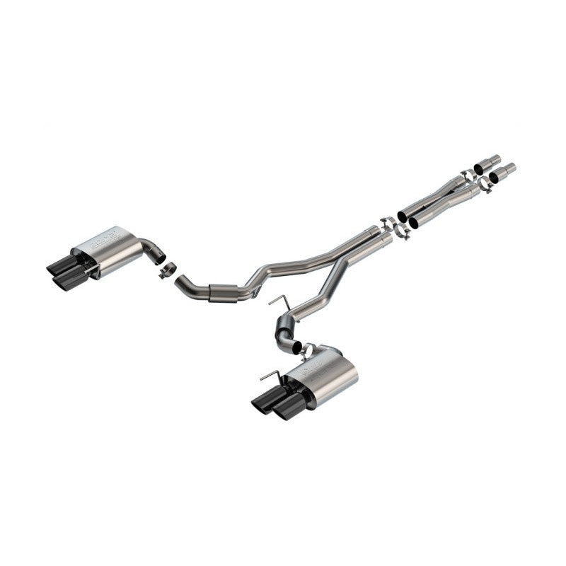 Borla ATAK 3-inch T-304 stainless steel cat-back exhaust with black chrome quad tips for 2024-2025 Mustang GT.