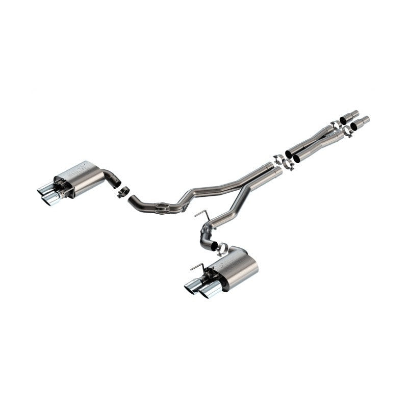 Borla ATAK 3-inch T-304 stainless steel cat-back exhaust system with quad bright chrome tips and active valves.