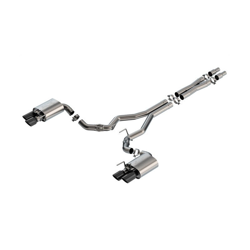 Borla ATAK T-304 stainless steel cat-back exhaust with 4-inch black chrome tips and active valves for S650 Mustang GT.