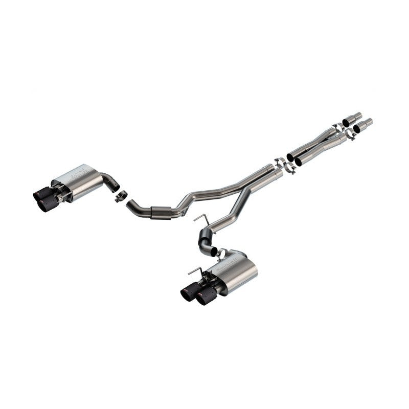 Borla S-Type cat-back exhaust system with 3-inch stainless steel piping and 4-inch carbon fiber tips for Ford Mustang GT.