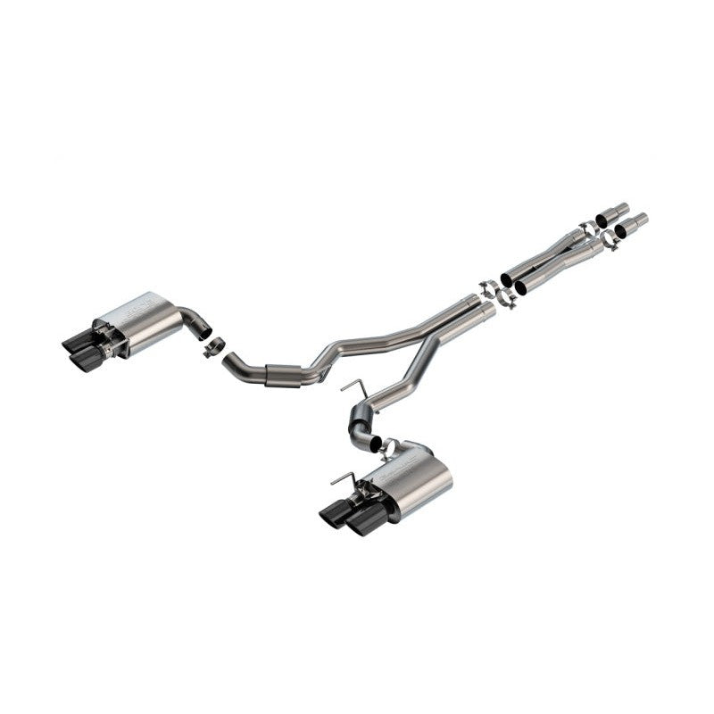 Borla S-Type cat-back exhaust system with T-304 stainless steel piping, merge X-pipe, and quad black chrome tips.