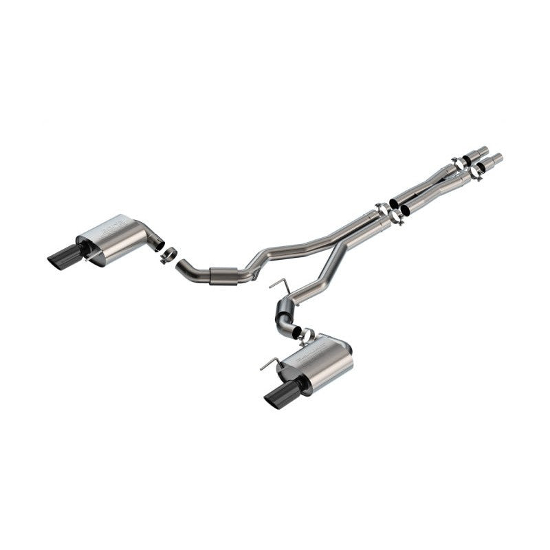 Borla S-Type 3-inch T-304 stainless steel cat-back exhaust with 4-inch black chrome tips for 2024-2025 Mustang GT.