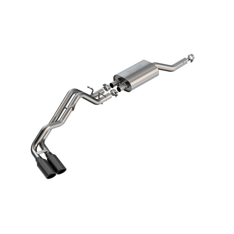 Borla S-Type cat-back exhaust system with T-304 stainless steel piping and dual 4-inch black chrome tips.