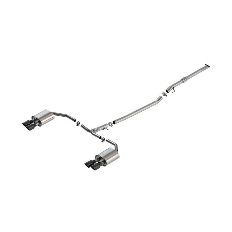 Borla S-Type Cat-Back exhaust system with T-304 stainless steel piping and dual 3.5-inch black chrome tips.