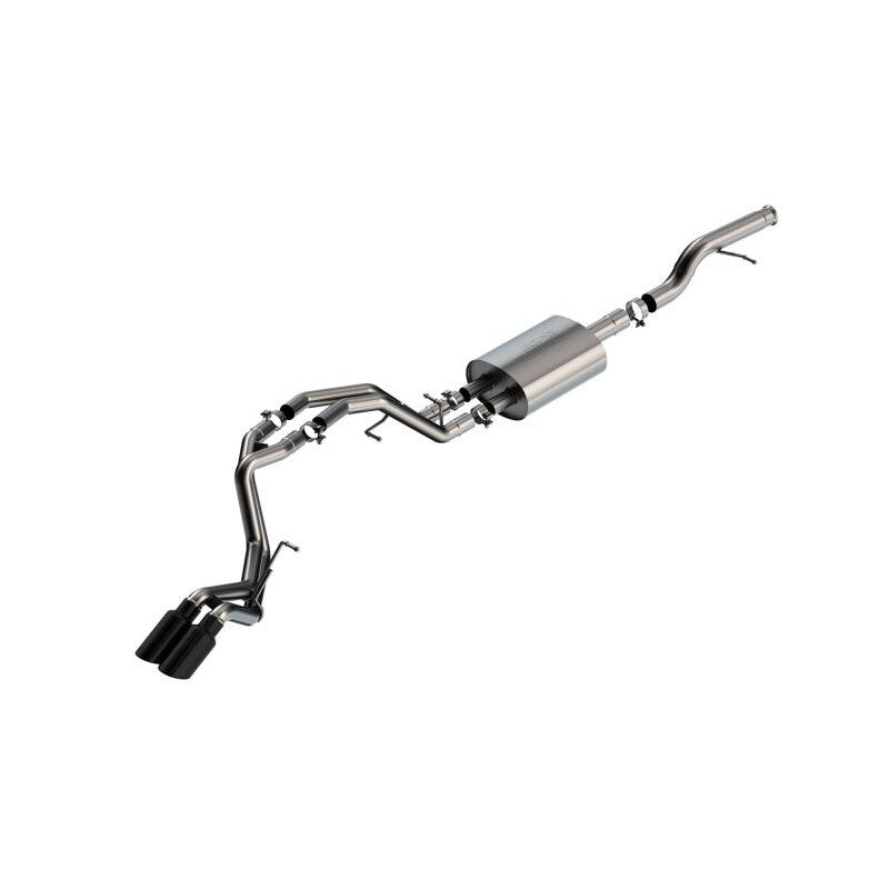 Borla Touring Cat-Back exhaust system with dual 4-inch black chrome tips for 2021-2025 Chevy Tahoe and GMC Yukon.