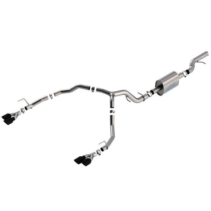 Borla S-Type cat-back exhaust system featuring T-304 stainless steel piping and quad 4-inch black chrome tips.