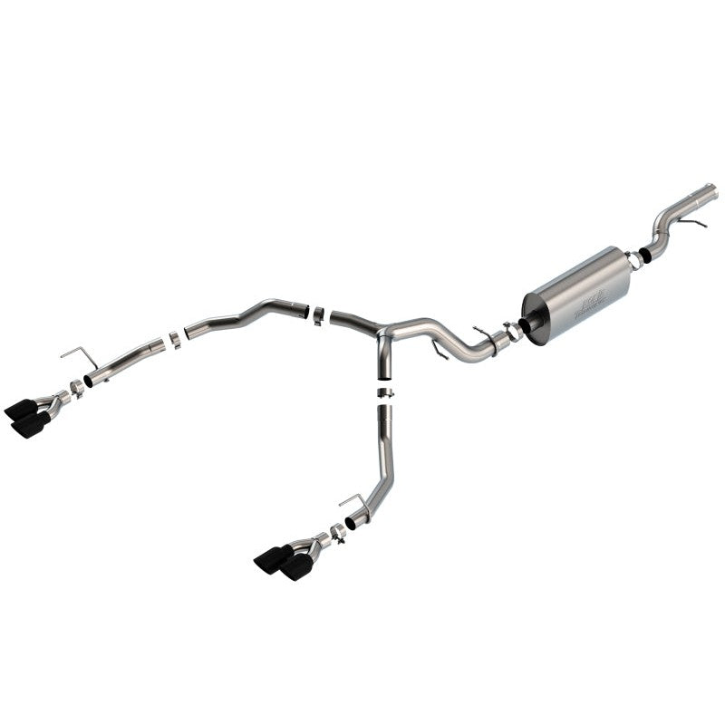 Borla T-304 stainless steel Touring cat-back exhaust system with quad 4-inch black chrome tips for 6.2L Tahoe and Yukon.