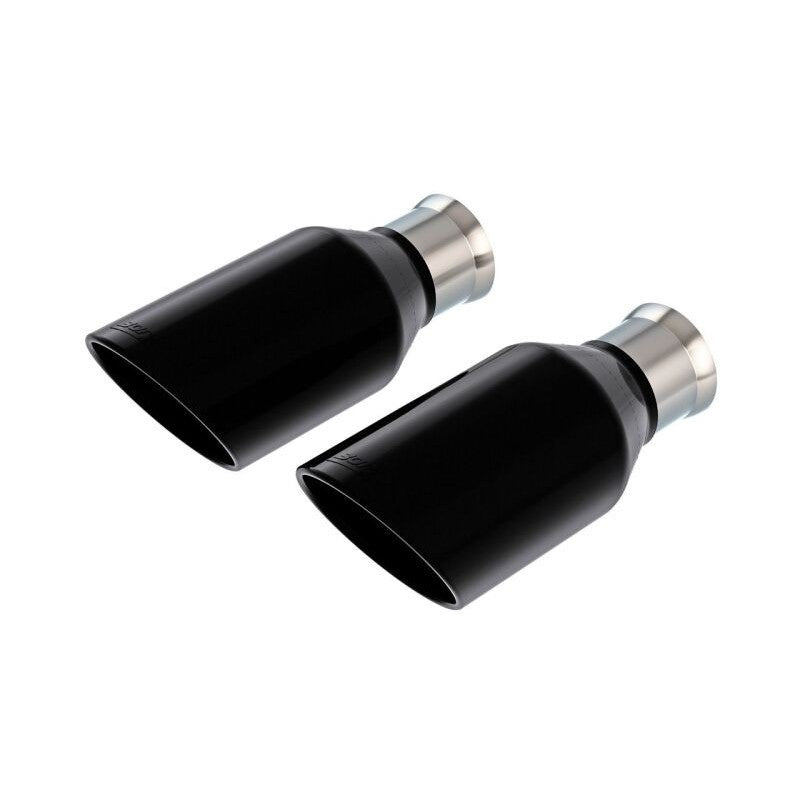 Two Borla 5-inch round angle-cut black chrome-plated T-304 stainless steel exhaust tips for Ram 1500.