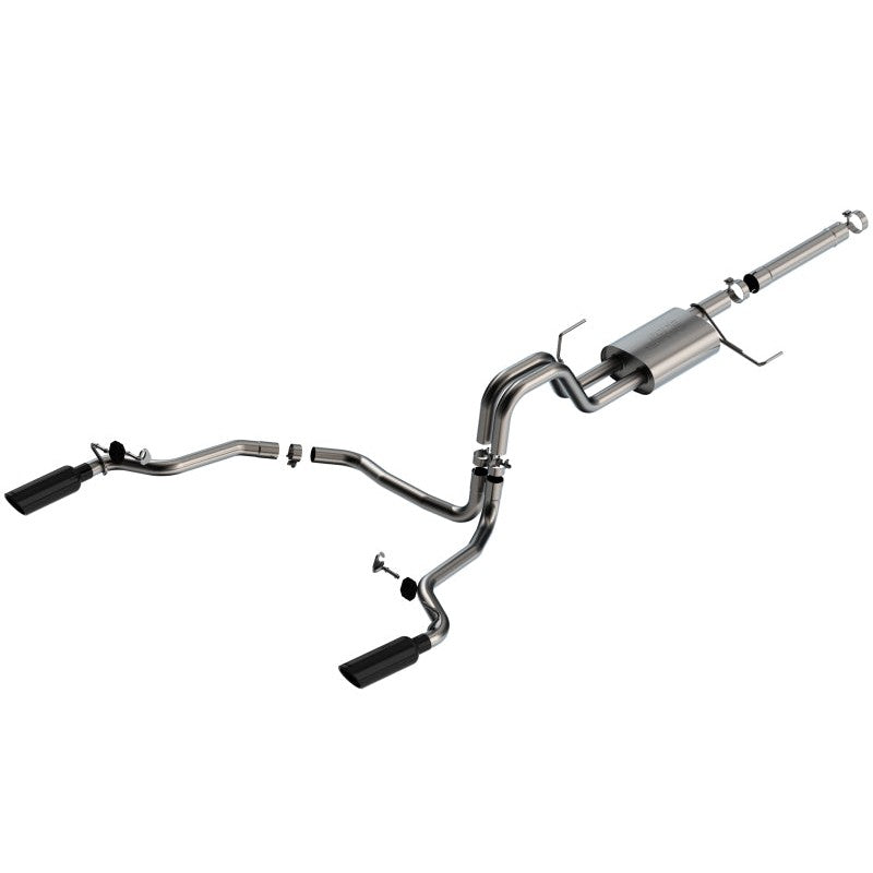 Borla S-Type cat-back exhaust system with 4-inch black chrome tips and T-304 stainless steel piping.