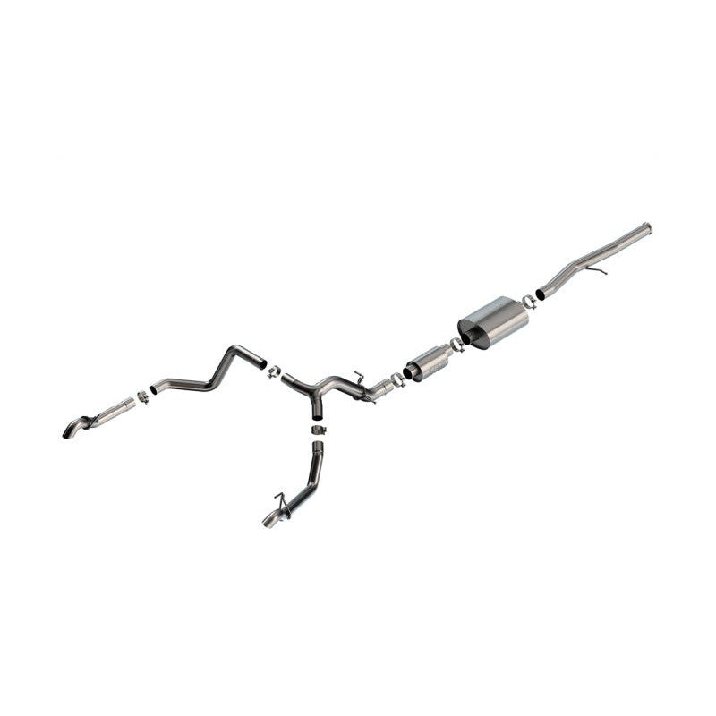 Borla S-Type Cat-Back exhaust system with T-304 stainless steel piping and dual turn down tail pipes for 6.2L trucks.