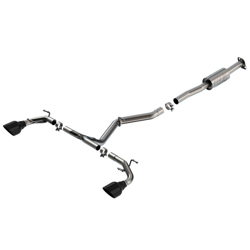 Borla ATAK cat-back exhaust system featuring T-304 stainless steel piping and dual 5-inch black chrome tips.