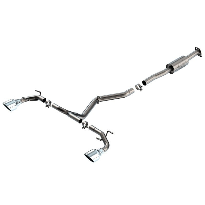 Borla ATAK cat-back exhaust system with T-304 stainless steel piping and dual 5-inch polished tips.