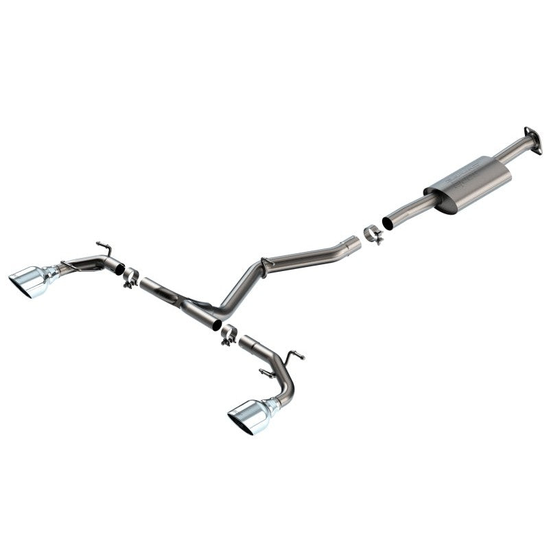 Borla S-Type cat-back exhaust system with 2.5-inch mandrel-bent piping and dual 5-inch polished stainless steel tips.
