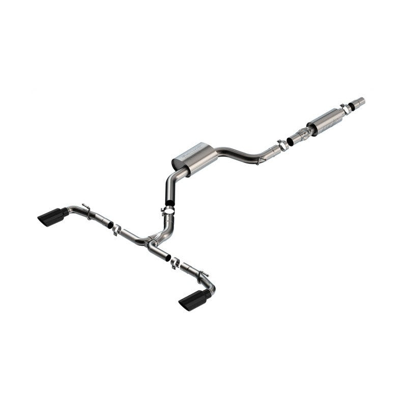Borla S-Type cat-back exhaust system with 3-inch T-304 stainless steel piping and dual 4-inch black chrome tips.