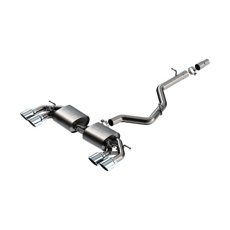 Borla S-Type Cat-Back exhaust system for MK8 Golf R featuring T-304 stainless piping and quad 4.5-inch bright chrome tips.