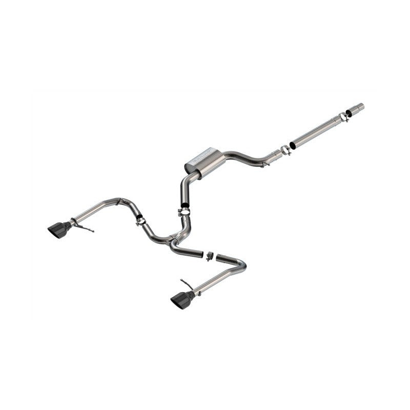 Borla S-Type Cat-Back Exhaust system featuring T-304 stainless steel piping and dual 5-inch black chrome tips.