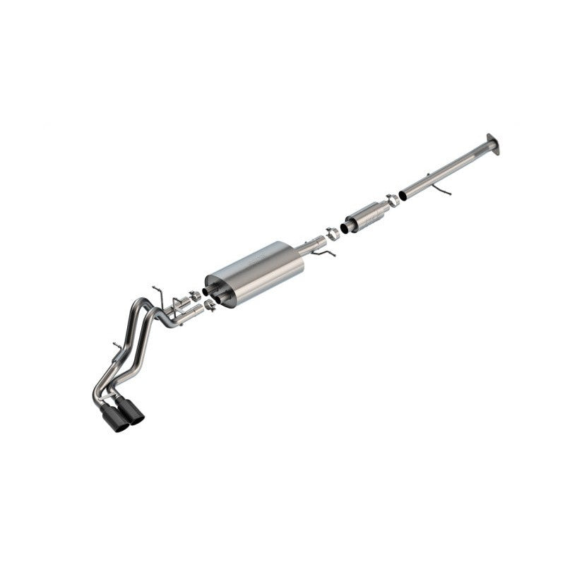Borla S-Type cat-back exhaust system featuring T-304 stainless steel mandrel-bent piping and dual black chrome tips.