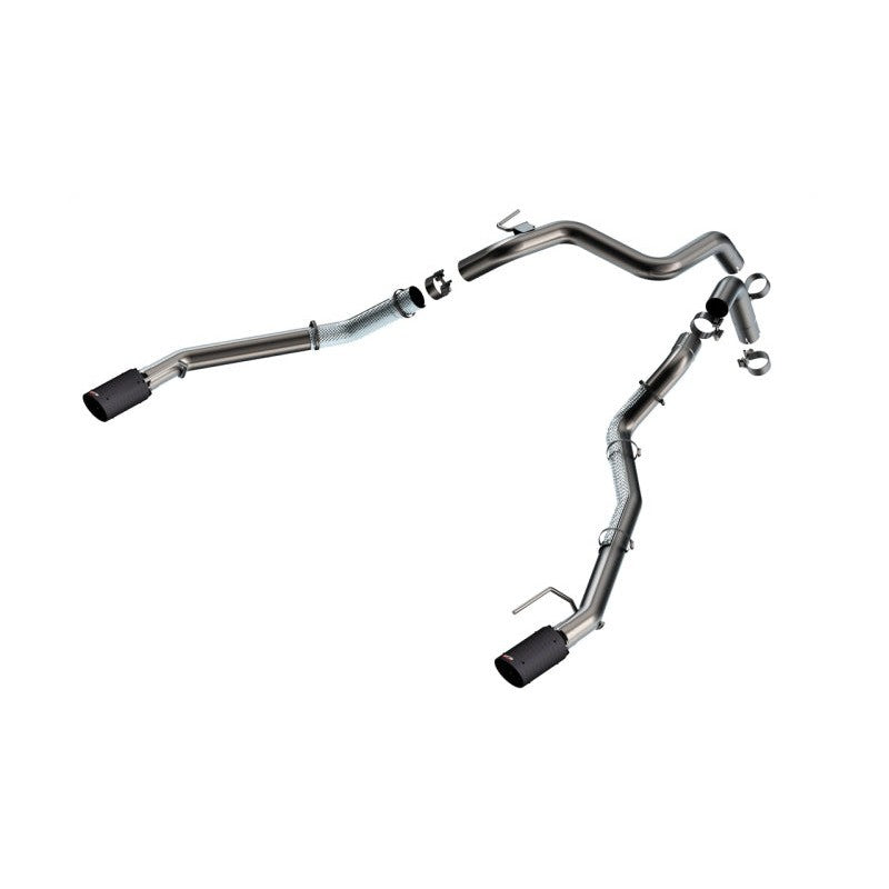 Borla 2.75-inch stainless steel tail pipes for 2024-2026 Ford Ranger Raptor with 4-inch carbon fiber tips.