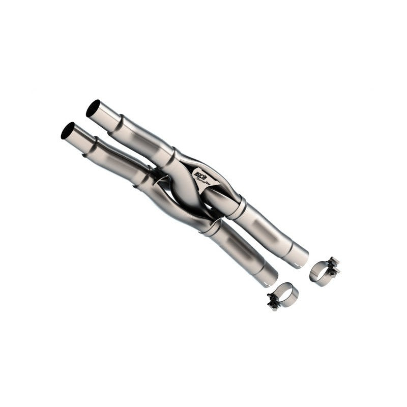 Borla SwitchFire X-Pipe OE resonator replacement in T-304 stainless steel for 2024-2025 Ford Mustang Dark Horse.