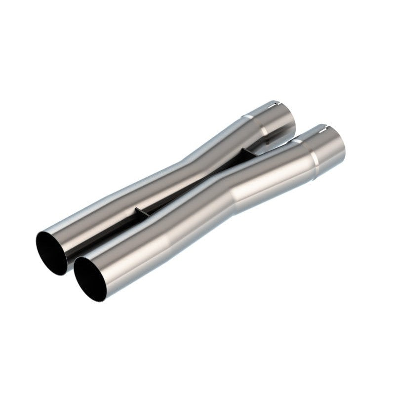 T-304 stainless steel Borla 3.0 inch universal X-pipe showing mandrel-bent crossover and notched inlet connections.