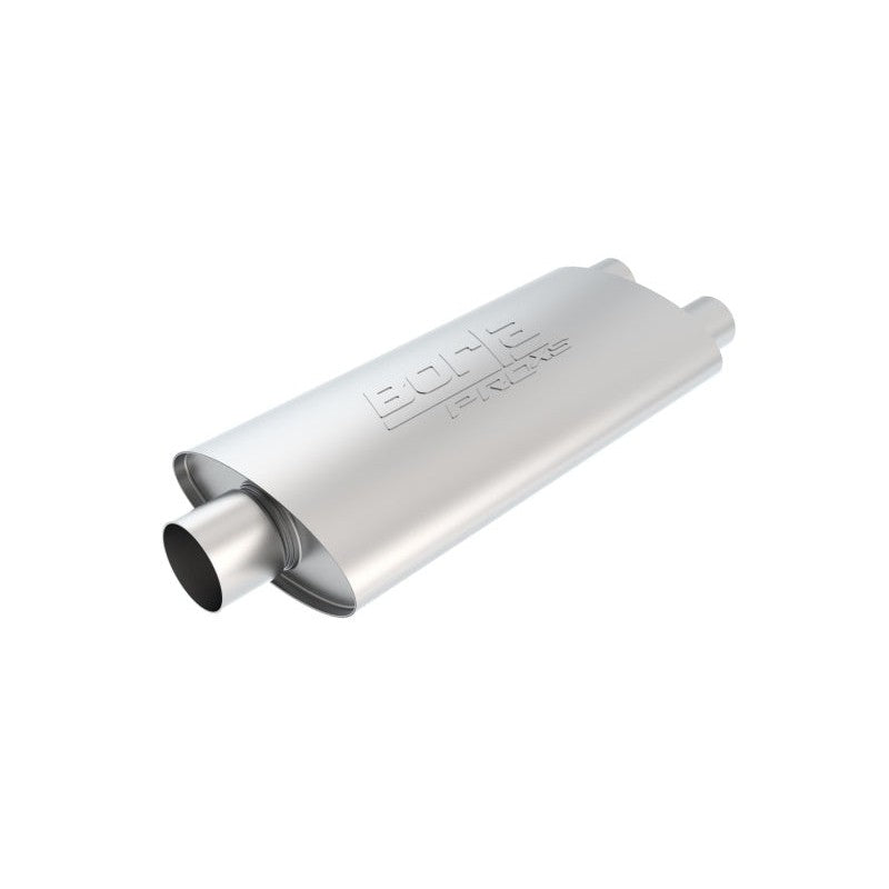 Borla ProXS oval stainless steel muffler showing one 3 inch center inlet and two 2.25 inch outlets