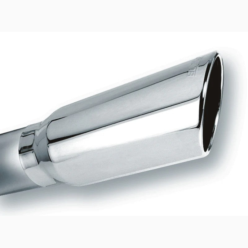 Borla 5-inch round rolled angle cut exhaust tip in mirror-polished bright chrome with a 4-inch inlet and mounting clamp.