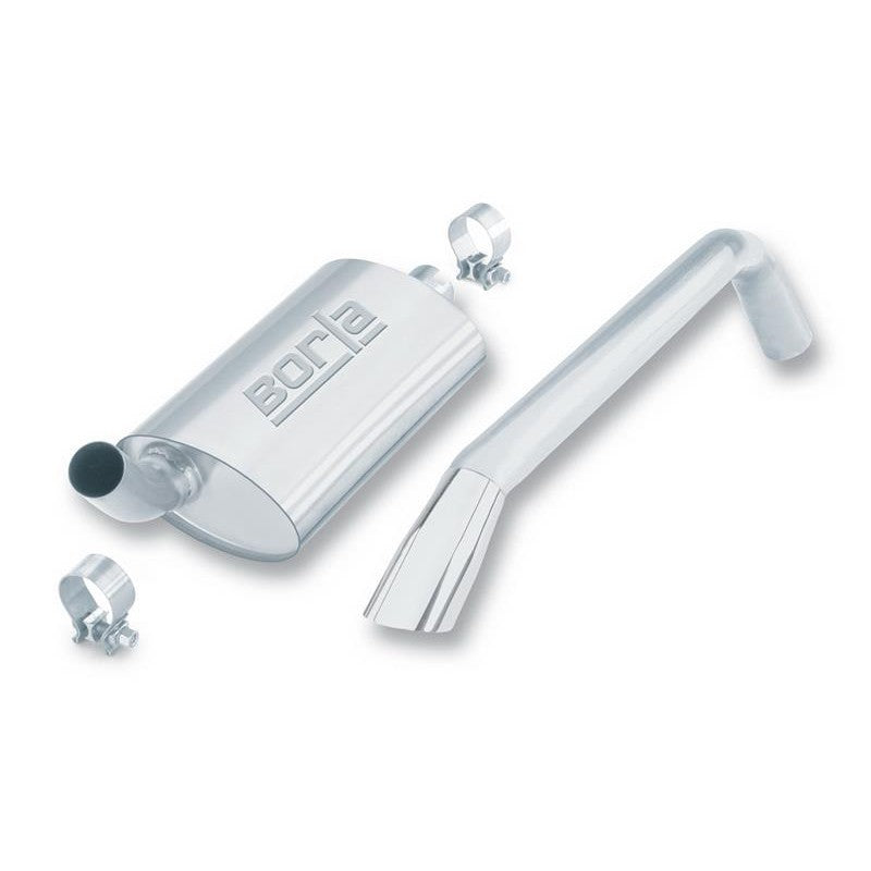 Borla 14572 cat-back exhaust for 1981-1986 Jeep CJ7 with 2-inch piping and intercooled angle-cut tip.