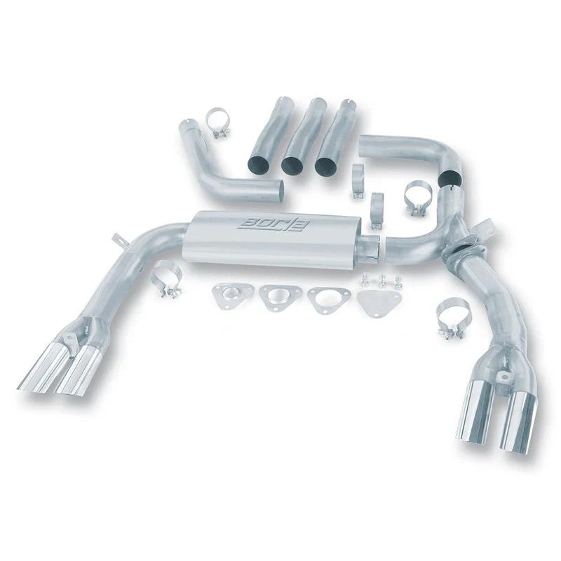 Borla 14888 stainless steel 3-inch adjustable cat-back exhaust system with dual polished tips and adapter hardware.