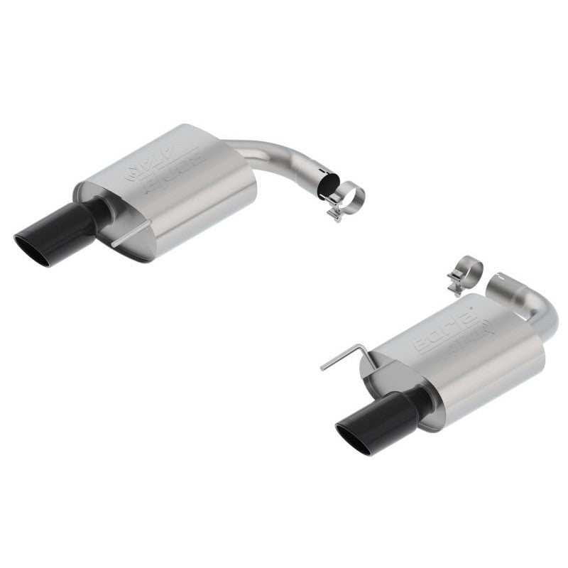 Borla ATAK axle-back exhaust system with T-304 stainless steel piping and 4-inch black chrome tips for Ford Mustang GT