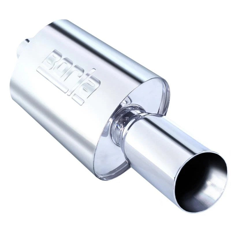 Polished T-304 stainless steel Borla Boomer Thumper oval muffler with 2.25 inch inlet and 4 inch round outlet tip