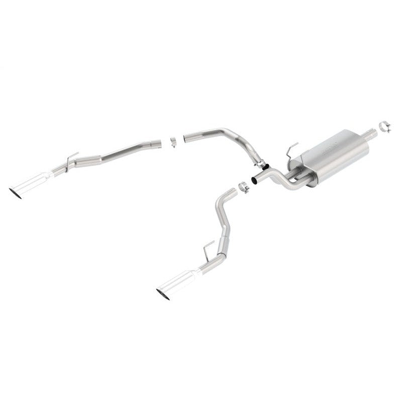 Borla 140552 Touring Cat-Back exhaust system with T-304 stainless steel piping and dual 5-inch chrome tips.