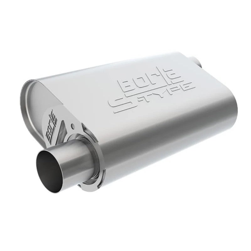 Borla 400946 T-304 stainless steel S-Type CrateMuffler with 2.5 inch offset inlet and outlet oval case for LS3 engines.