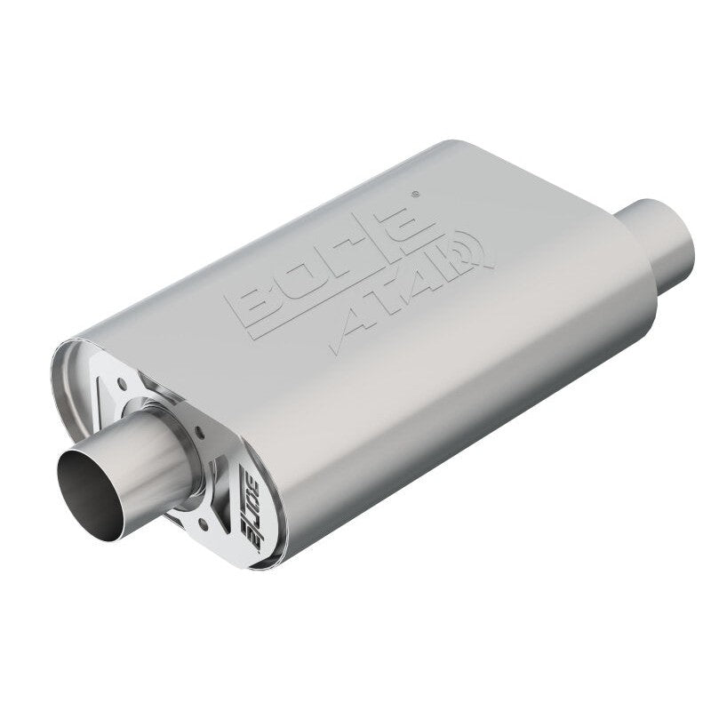 Borla CrateMuffler ATAK Series 2.5-inch offset center oval stainless steel muffler for SBC 350 and 383 engines.