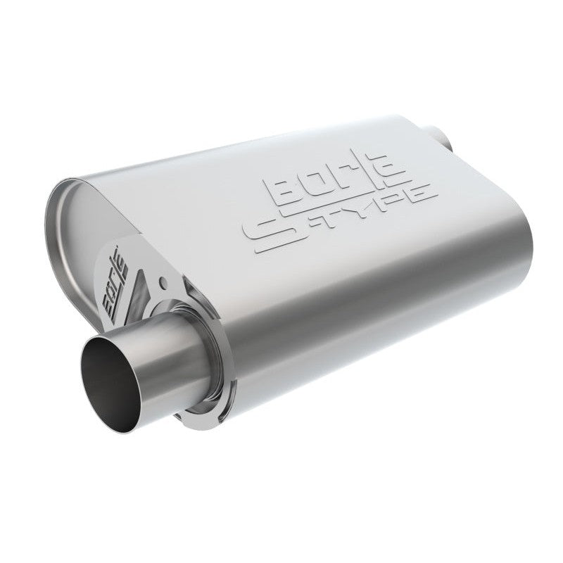 Borla CrateMuffler 400840 T-304 stainless steel oval muffler with 3-inch offset and center configuration.