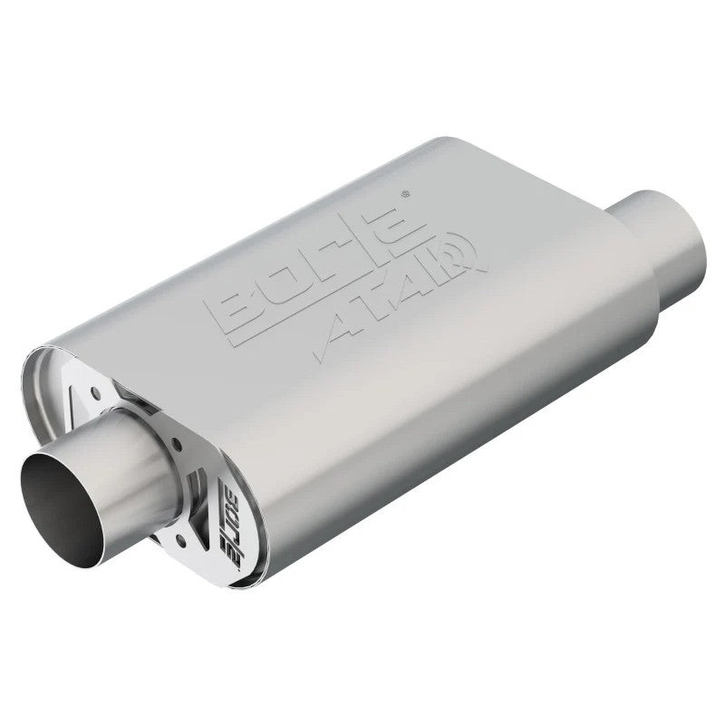 Borla 400844 T-304 stainless steel 14-inch oval CrateMuffler with 3-inch offset/center connections for SBC engines.