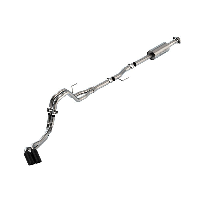 Borla S-Type Cat-Back exhaust system for Ford F-150 with dual side exit 4-inch black chrome tips and T-304 stainless piping.